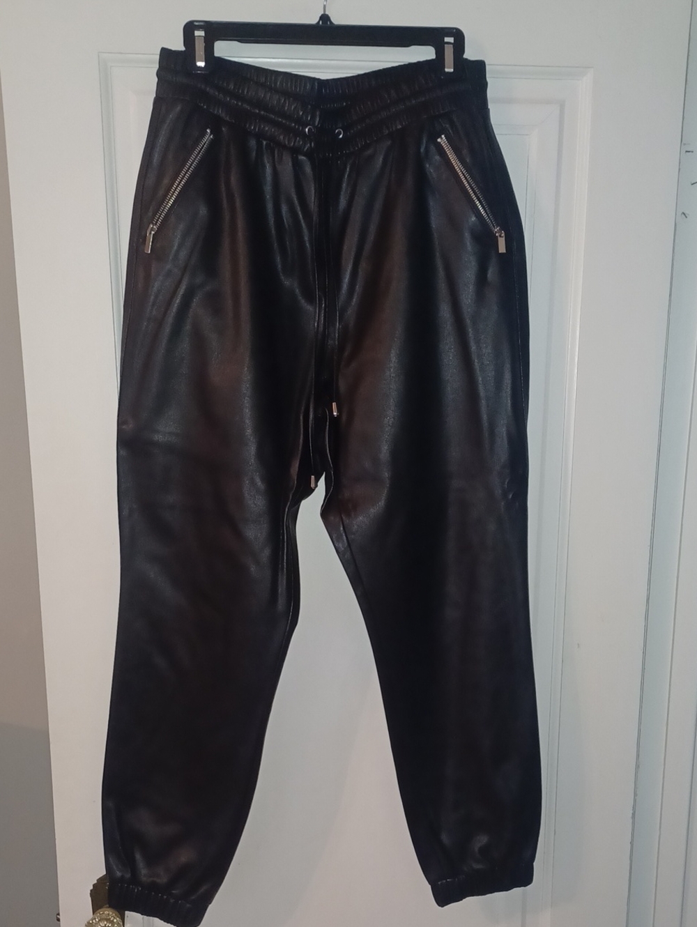 Womens Black Faux Leather Jogger Pants - Classic Streetwear